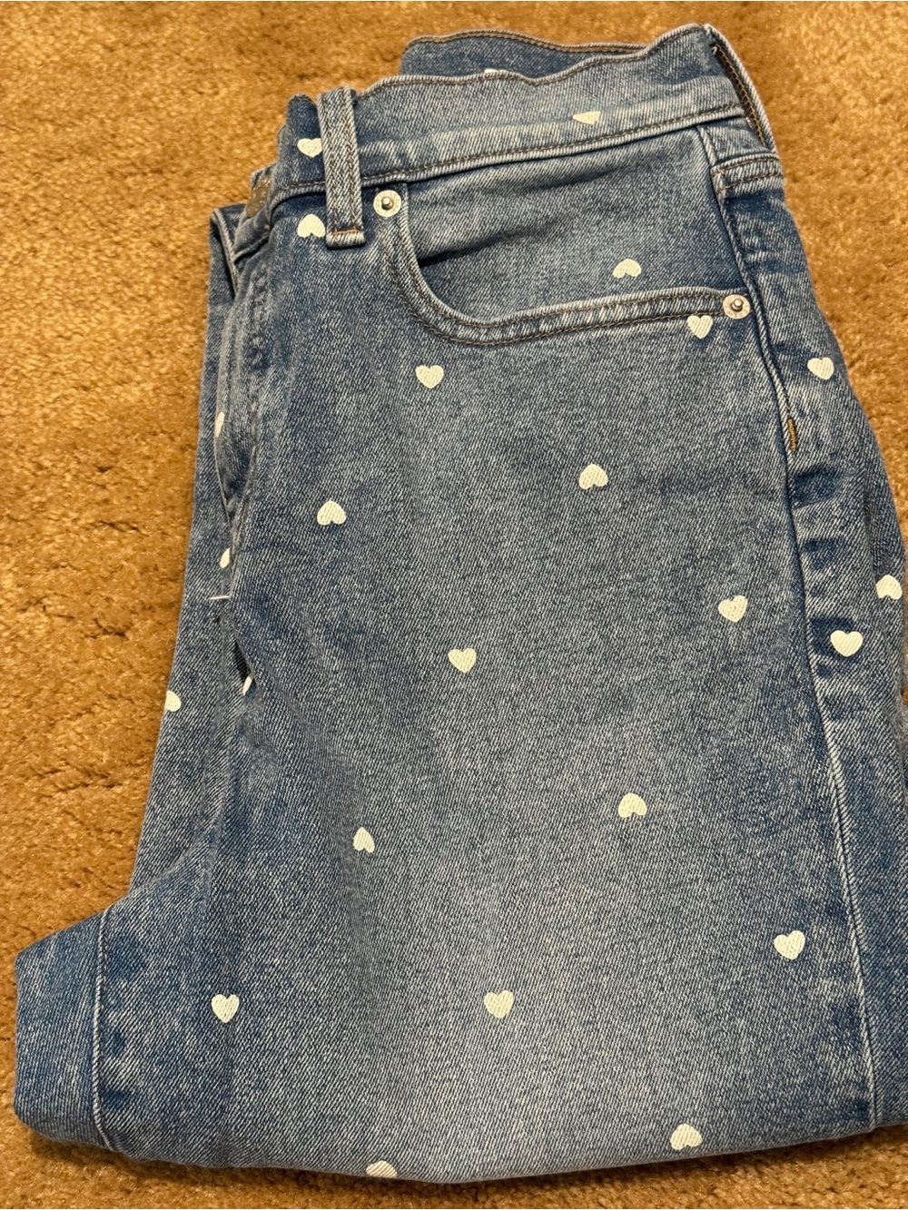 J. Crew Factory Blue Denim Straight-Leg Jeans with White Heart Print